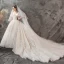 Luxury / Gorgeous Champagne Wedding Dresses 2019 A-Line / Princess Off-The-Shoulder Short Sleeve Backless Appliques Lace Beading Glitter Sequins Chapel Train Ruffle