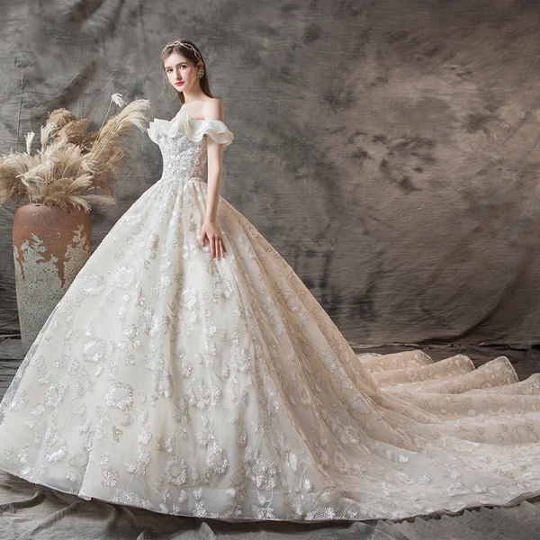 Luxury / Gorgeous Champagne Wedding Dresses 2019 A-Line / Princess Off-The-Shoulder Short Sleeve Backless Appliques Lace Beading Glitter Sequins Chapel Train Ruffle