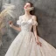 Luxury / Gorgeous Champagne Wedding Dresses 2019 A-Line / Princess Off-The-Shoulder Short Sleeve Backless Appliques Lace Beading Glitter Sequins Chapel Train Ruffle