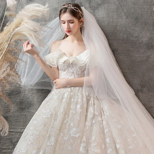 Luxury / Gorgeous Champagne Wedding Dresses 2019 A-Line / Princess Off-The-Shoulder Short Sleeve Backless Appliques Lace Beading Glitter Sequins Chapel Train Ruffle