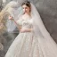 Luxury / Gorgeous Champagne Wedding Dresses 2019 A-Line / Princess Off-The-Shoulder Short Sleeve Backless Appliques Lace Beading Glitter Sequins Chapel Train Ruffle
