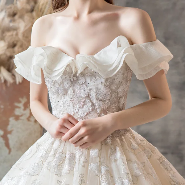 Luxury / Gorgeous Champagne Wedding Dresses 2019 A-Line / Princess Off-The-Shoulder Short Sleeve Backless Appliques Lace Beading Glitter Sequins Chapel Train Ruffle