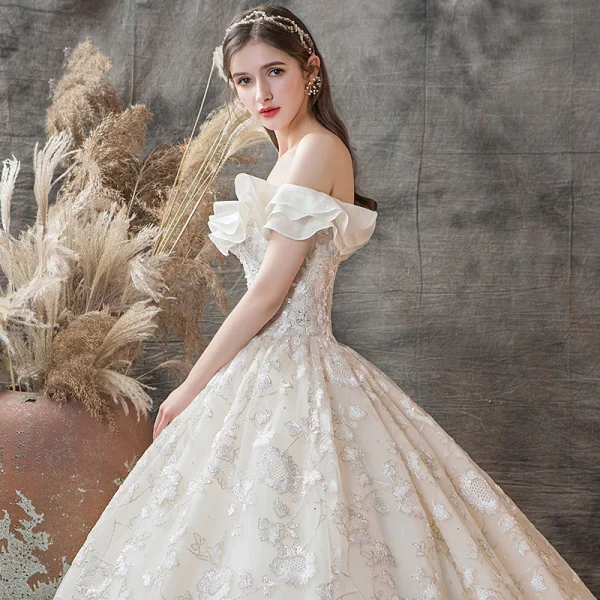 Luxury / Gorgeous Champagne Wedding Dresses 2019 A-Line / Princess Off-The-Shoulder Short Sleeve Backless Appliques Lace Beading Glitter Sequins Chapel Train Ruffle
