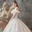 Luxury / Gorgeous Champagne Wedding Dresses 2019 A-Line / Princess Off-The-Shoulder Short Sleeve Backless Appliques Lace Beading Glitter Sequins Chapel Train Ruffle