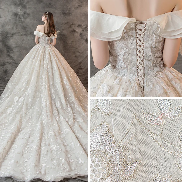 Luxury / Gorgeous Champagne Wedding Dresses 2019 A-Line / Princess Off-The-Shoulder Short Sleeve Backless Appliques Lace Beading Glitter Sequins Chapel Train Ruffle