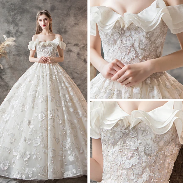 Luxury / Gorgeous Champagne Wedding Dresses 2019 A-Line / Princess Off-The-Shoulder Short Sleeve Backless Appliques Lace Beading Glitter Sequins Chapel Train Ruffle