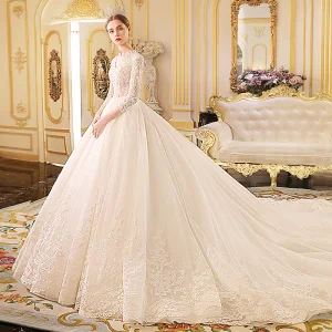 Elegant Elfenben Brudekjoler 2019 Prinsesse V Hals Gjennomsiktig 3 4 Ermer Appliques Blonder Beading Chapel Train Buste
