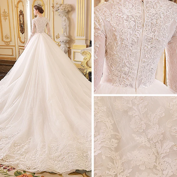 Élégant Ivoire Robe De Mariée 2019 Princesse V-Cou Transparentes 3/4 Manches Appliques En Dentelle Perlage Chapel Train Volants