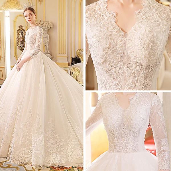 Élégant Ivoire Robe De Mariée 2019 Princesse V-Cou Transparentes 3/4 Manches Appliques En Dentelle Perlage Chapel Train Volants