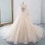 Romantisch Champagner Durchsichtige Brautkleider / Hochzeitskleider 2019 A Linie Rundhalsausschnitt Geschwollenes Lange Ärmel Rückenfreies Applikationen Spitze Glanz Tülle Kathedrale Schleppe Rüschen