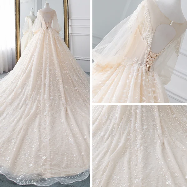 Romantisch Champagner Durchsichtige Brautkleider / Hochzeitskleider 2019 A Linie Rundhalsausschnitt Geschwollenes Lange Ärmel Rückenfreies Applikationen Spitze Glanz Tülle Kathedrale Schleppe Rüschen