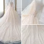 Romantisch Champagner Durchsichtige Brautkleider / Hochzeitskleider 2019 A Linie Rundhalsausschnitt Geschwollenes Lange Ärmel Rückenfreies Applikationen Spitze Glanz Tülle Kathedrale Schleppe Rüschen
