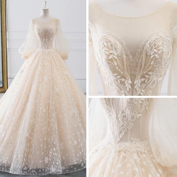 Romantisch Champagner Durchsichtige Brautkleider / Hochzeitskleider 2019 A Linie Rundhalsausschnitt Geschwollenes Lange Ärmel Rückenfreies Applikationen Spitze Glanz Tülle Kathedrale Schleppe Rüschen
