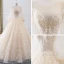 Romantisch Champagner Durchsichtige Brautkleider / Hochzeitskleider 2019 A Linie Rundhalsausschnitt Geschwollenes Lange Ärmel Rückenfreies Applikationen Spitze Glanz Tülle Kathedrale Schleppe Rüschen