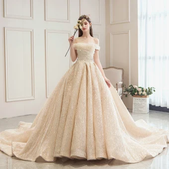 Bling Bling Champagne Wedding Dresses 2019 A Line Princess Off The Shoulder Short Sleeve Backless Sequins Beading Glitter Tulle Cathedral Train Ruffle