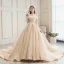 Bling Bling Champagner Brautkleider / Hochzeitskleider 2019 A Linie Off Shoulder Kurze Ärmel Rückenfreies Pailletten Perlenstickerei Glanz Tülle Kathedrale Schleppe Rüschen
