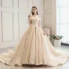 Bling Bling Champagne Wedding Dresses 2019 A-Line / Princess Off-The-Shoulder Short Sleeve Backless Sequins Beading Glitter Tulle Cathedral Train Ruffle