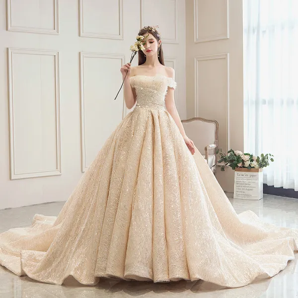 Bling Bling Champagne Wedding Dresses 2019 A-Line / Princess Off-The-Shoulder Short Sleeve Backless Sequins Beading Glitter Tulle Cathedral Train Ruffle