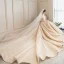 Bling Bling Champagner Brautkleider / Hochzeitskleider 2019 A Linie Off Shoulder Kurze Ärmel Rückenfreies Pailletten Perlenstickerei Glanz Tülle Kathedrale Schleppe Rüschen
