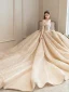 Bling Bling Champagner Brautkleider / Hochzeitskleider 2019 A Linie Off Shoulder Kurze Ärmel Rückenfreies Pailletten Perlenstickerei Glanz Tülle Kathedrale Schleppe Rüschen