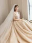 Bling Bling Champagner Brautkleider / Hochzeitskleider 2019 A Linie Off Shoulder Kurze Ärmel Rückenfreies Pailletten Perlenstickerei Glanz Tülle Kathedrale Schleppe Rüschen