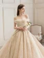 Bling Bling Champagner Brautkleider / Hochzeitskleider 2019 A Linie Off Shoulder Kurze Ärmel Rückenfreies Pailletten Perlenstickerei Glanz Tülle Kathedrale Schleppe Rüschen