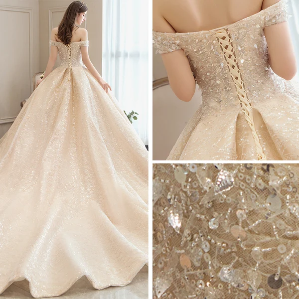 Bling Bling Champagner Brautkleider / Hochzeitskleider 2019 A Linie Off Shoulder Kurze Ärmel Rückenfreies Pailletten Perlenstickerei Glanz Tülle Kathedrale Schleppe Rüschen
