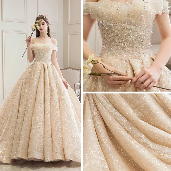 Bling Bling Champagner Brautkleider / Hochzeitskleider 2019 A Linie Off Shoulder Kurze Ärmel Rückenfreies Pailletten Perlenstickerei Glanz Tülle Kathedrale Schleppe Rüschen