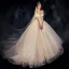 Romantic Champagne Wedding Dresses 2019 Ball Gown Off-The-Shoulder Short Sleeve Backless Heart-shaped Glitter Appliques Lace Chapel Train Ruffle