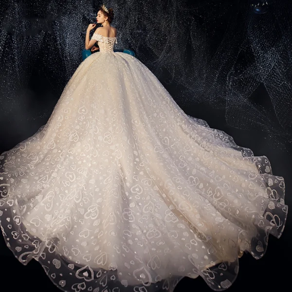 Romantic Champagne Wedding Dresses 2019 Ball Gown Off-The-Shoulder Short Sleeve Backless Heart-shaped Glitter Appliques Lace Chapel Train Ruffle