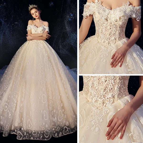 Romantic Champagne Wedding Dresses 2019 Ball Gown Off-The-Shoulder Short Sleeve Backless Heart-shaped Glitter Appliques Lace Chapel Train Ruffle