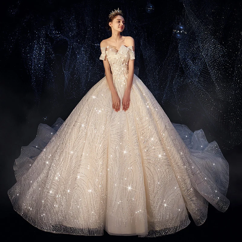 open lace back dress Off The Shoulder Crystal Princess Ball Gown Sequins Bridal Gowns