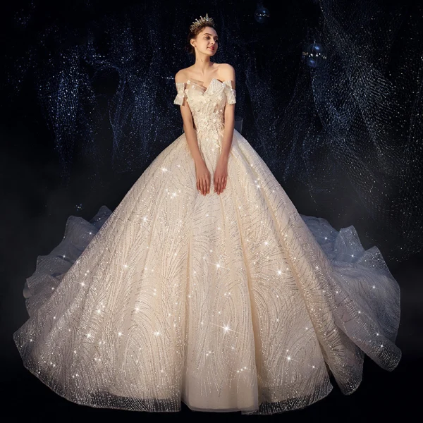 Bling Bling Champagne Wedding Dresses 2019 A-Line / Princess Off-The-Shoulder Short Sleeve Backless Appliques Lace Sequins Beading Pearl Glitter Tulle Chapel Train Ruffle
