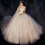 Bling Bling Champagne Wedding Dresses 2019 A-Line / Princess Off-The-Shoulder Short Sleeve Backless Appliques Lace Sequins Beading Pearl Glitter Tulle Chapel Train Ruffle