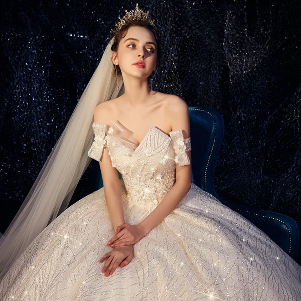 Bling Bling Champagne Wedding Dresses 2019 A-Line / Princess Off-The-Shoulder Short Sleeve Backless Appliques Lace Sequins Beading Pearl Glitter Tulle Chapel Train Ruffle