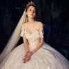 Bling Bling Champagne Wedding Dresses 2019 A-Line / Princess Off-The-Shoulder Short Sleeve Backless Appliques Lace Sequins Beading Pearl Glitter Tulle Chapel Train Ruffle
