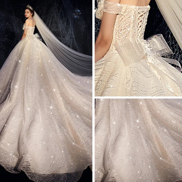 Bling Bling Champagne Wedding Dresses 2019 A-Line / Princess Off-The-Shoulder Short Sleeve Backless Appliques Lace Sequins Beading Pearl Glitter Tulle Chapel Train Ruffle