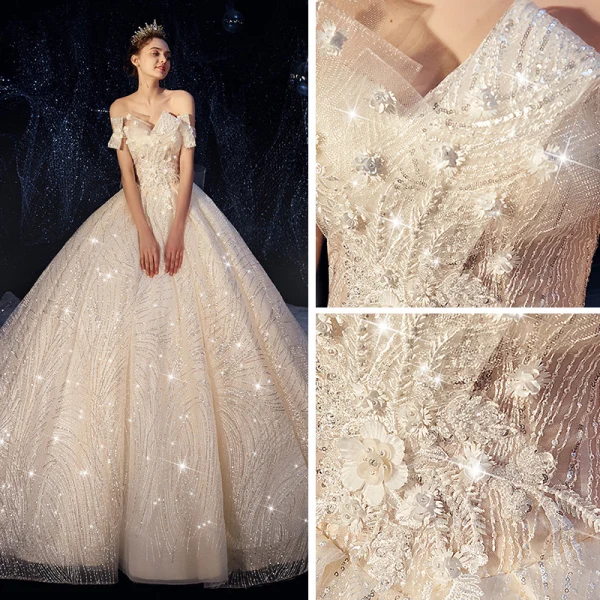 Bling Bling Champagne Wedding Dresses 2019 A-Line / Princess Off-The-Shoulder Short Sleeve Backless Appliques Lace Sequins Beading Pearl Glitter Tulle Chapel Train Ruffle