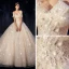 Bling Bling Champagne Wedding Dresses 2019 A-Line / Princess Off-The-Shoulder Short Sleeve Backless Appliques Lace Sequins Beading Pearl Glitter Tulle Chapel Train Ruffle