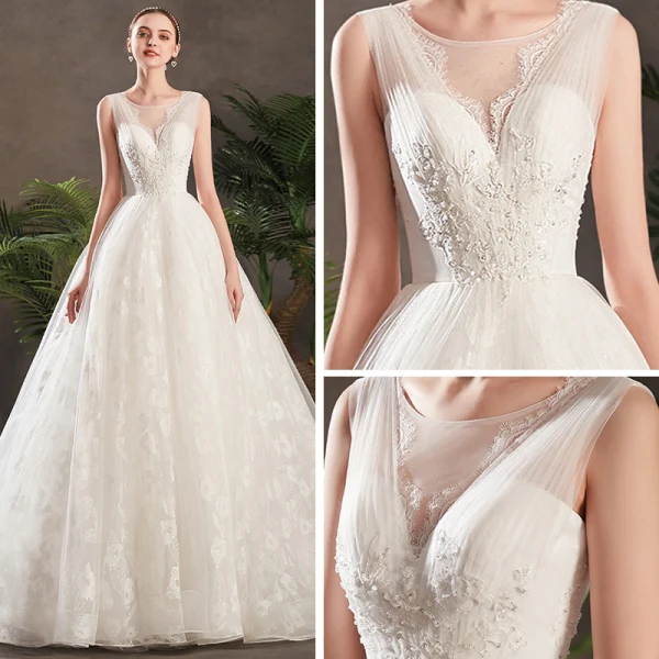 Schöne Ivory / Creme Brautkleider / Hochzeitskleider 2019 A Linie Durchsichtige V-Ausschnitt Ärmellos Rückenfreies Applikationen Spitze Pailletten Perlenstickerei Kapelle-Schleppe Rüschen