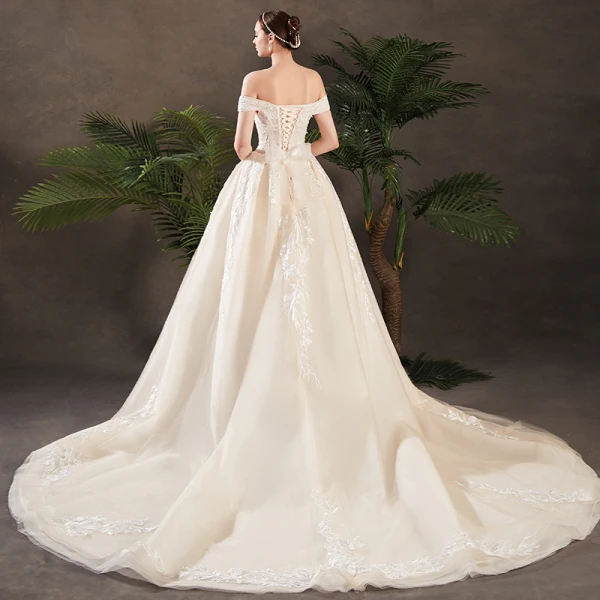 Elegant Champagne Wedding Dresses 2019 A-Line / Princess Off-The-Shoulder Short Sleeve Backless Appliques Lace Sash Beading Pearl Chapel Train Ruffle