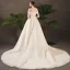 Elegant Champagne Wedding Dresses 2019 A-Line / Princess Off-The-Shoulder Short Sleeve Backless Appliques Lace Sash Beading Pearl Chapel Train Ruffle
