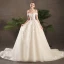 Elegant Champagne Wedding Dresses 2019 A-Line / Princess Off-The-Shoulder Short Sleeve Backless Appliques Lace Sash Beading Pearl Chapel Train Ruffle