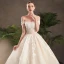Elegant Champagne Wedding Dresses 2019 A-Line / Princess Off-The-Shoulder Short Sleeve Backless Appliques Lace Sash Beading Pearl Chapel Train Ruffle