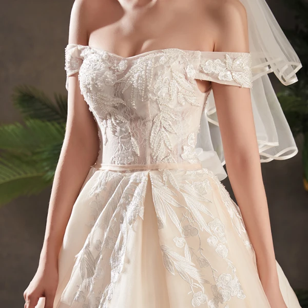Elegant Champagne Wedding Dresses 2019 A-Line / Princess Off-The-Shoulder Short Sleeve Backless Appliques Lace Sash Beading Pearl Chapel Train Ruffle