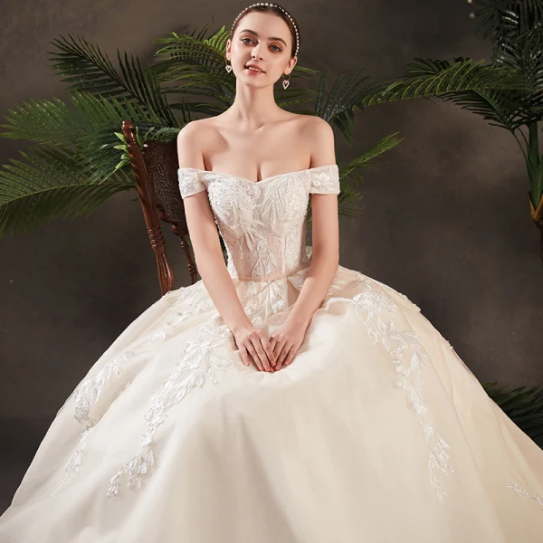 Elegant Champagne Wedding Dresses 2019 A-Line / Princess Off-The-Shoulder Short Sleeve Backless Appliques Lace Sash Beading Pearl Chapel Train Ruffle
