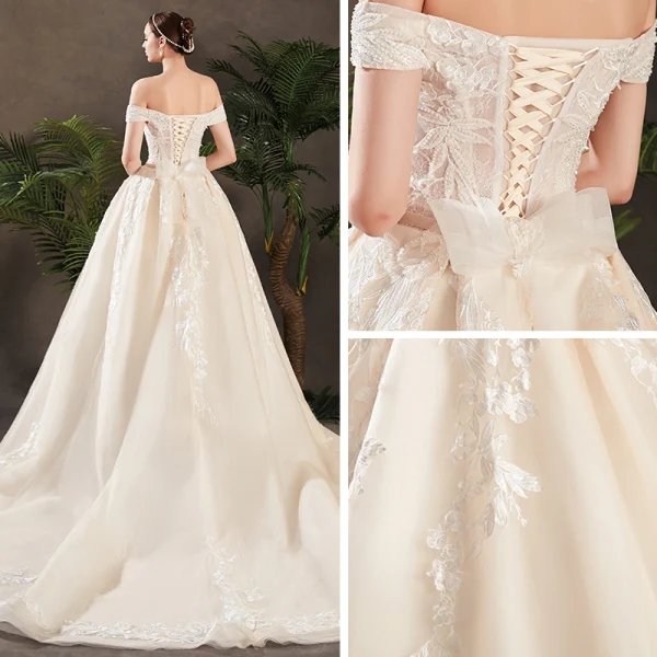 Elegant Champagne Wedding Dresses 2019 A-Line / Princess Off-The-Shoulder Short Sleeve Backless Appliques Lace Sash Beading Pearl Chapel Train Ruffle