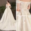 Elegant Champagne Wedding Dresses 2019 A-Line / Princess Off-The-Shoulder Short Sleeve Backless Appliques Lace Sash Beading Pearl Chapel Train Ruffle