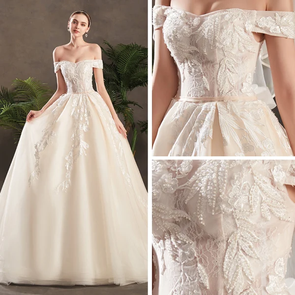 Elegant Champagne Wedding Dresses 2019 A-Line / Princess Off-The-Shoulder Short Sleeve Backless Appliques Lace Sash Beading Pearl Chapel Train Ruffle