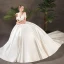 Simple Ivoire Satin Robe De Mariée 2019 Princesse De l'épaule Manches Courtes Dos Nu Chapel Train Volants